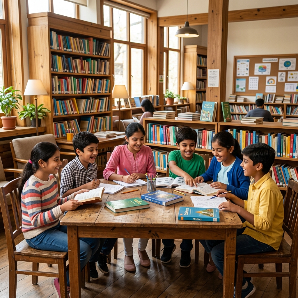 Underprivileged kids smiling and reading books in school library